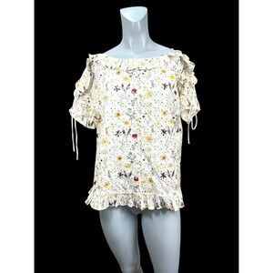 Women's XL Solitaire Anthropology Floral Print Laced Up Short Sleeve Shirt‎ Boho